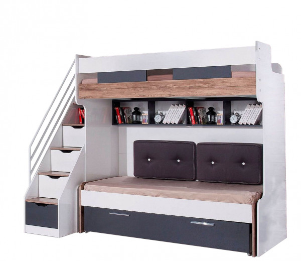 Etagenbett mit Treppe weiß/natur Compact 90x200 cm und Gästebett